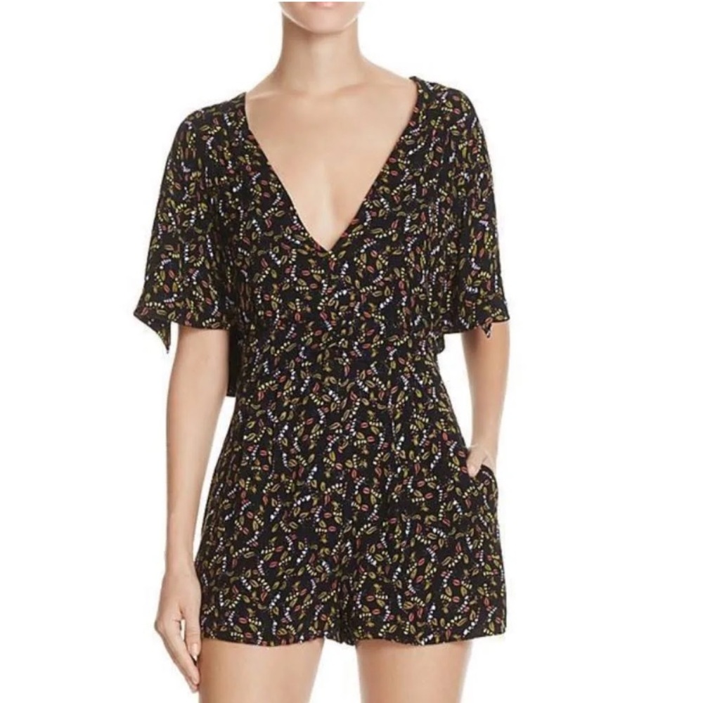 Free People Meet Virginia Split Sleeve Printed Black Combo Romper Size 4